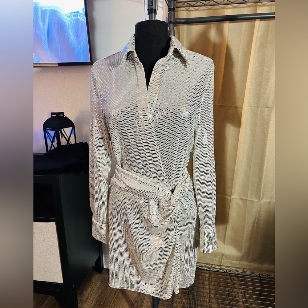ZARA SILVER KNOTTED SEQUIN DRESS NEW WITH TAGS SIZE SMALL